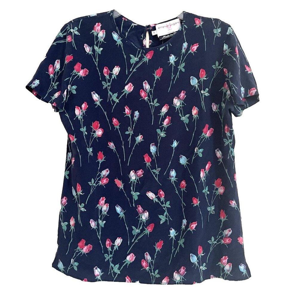 Emmanuel Ungaro Silk Blouse Shirt 42 Dark Floral Rose Bud Feminine Vintage